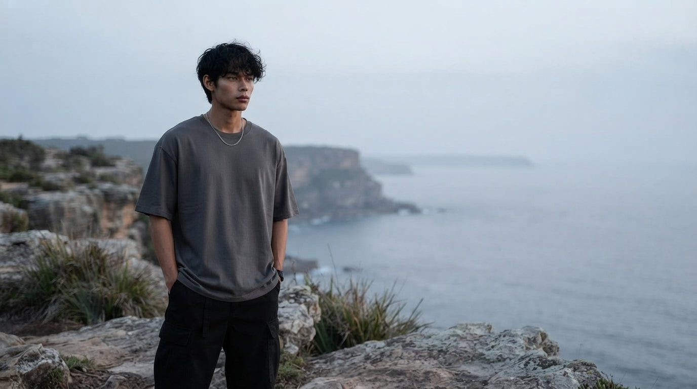 A South Asian man in an oversized charcoal grey t-shirt standing on a coastal cliff at dawn with a clear, calm sky.