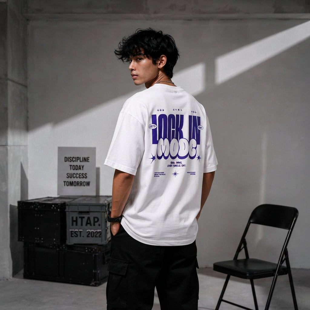 A young South Asian man wearing an oversized charcoal t-shirt in a minimalist concrete urban setting.